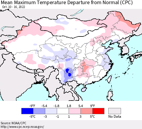 China, Mongolia and Taiwan Mean Maximum Temperature Departure from Normal (CPC) Thematic Map For 10/10/2022 - 10/16/2022