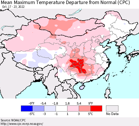 China, Mongolia and Taiwan Mean Maximum Temperature Departure from Normal (CPC) Thematic Map For 10/17/2022 - 10/23/2022
