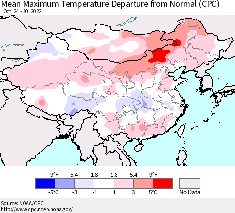 China, Mongolia and Taiwan Mean Maximum Temperature Departure from Normal (CPC) Thematic Map For 10/24/2022 - 10/30/2022