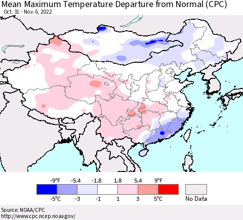 China, Mongolia and Taiwan Mean Maximum Temperature Departure from Normal (CPC) Thematic Map For 10/31/2022 - 11/6/2022