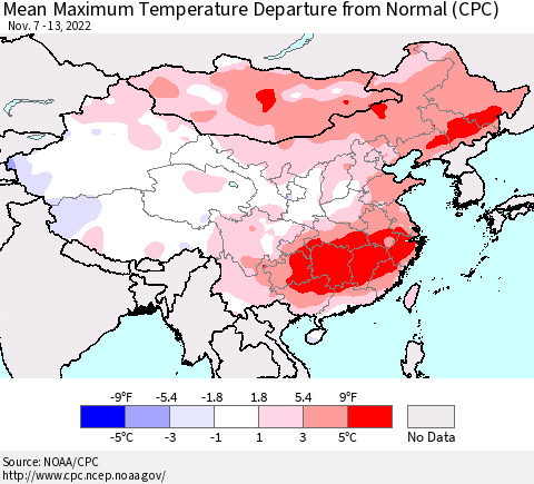 China, Mongolia and Taiwan Mean Maximum Temperature Departure from Normal (CPC) Thematic Map For 11/7/2022 - 11/13/2022