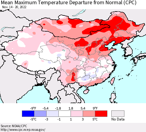 China, Mongolia and Taiwan Mean Maximum Temperature Departure from Normal (CPC) Thematic Map For 11/14/2022 - 11/20/2022