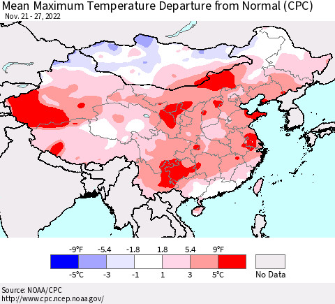 China, Mongolia and Taiwan Mean Maximum Temperature Departure from Normal (CPC) Thematic Map For 11/21/2022 - 11/27/2022