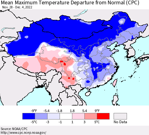 China, Mongolia and Taiwan Mean Maximum Temperature Departure from Normal (CPC) Thematic Map For 11/28/2022 - 12/4/2022