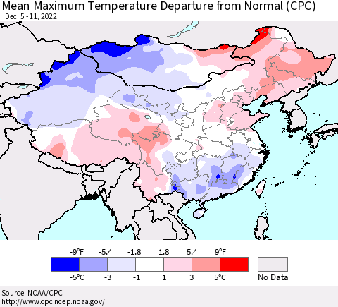 China, Mongolia and Taiwan Mean Maximum Temperature Departure from Normal (CPC) Thematic Map For 12/5/2022 - 12/11/2022