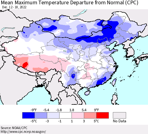 China, Mongolia and Taiwan Mean Maximum Temperature Departure from Normal (CPC) Thematic Map For 12/12/2022 - 12/18/2022