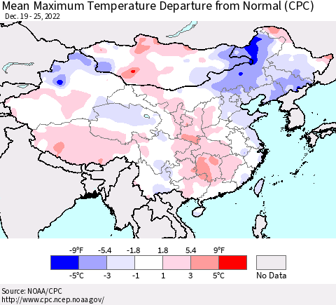 China, Mongolia and Taiwan Mean Maximum Temperature Departure from Normal (CPC) Thematic Map For 12/19/2022 - 12/25/2022