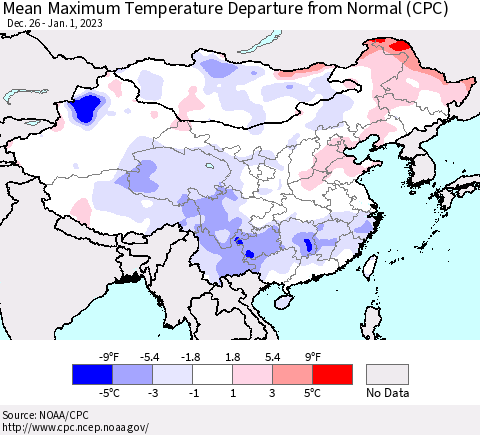 China, Mongolia and Taiwan Mean Maximum Temperature Departure from Normal (CPC) Thematic Map For 12/26/2022 - 1/1/2023