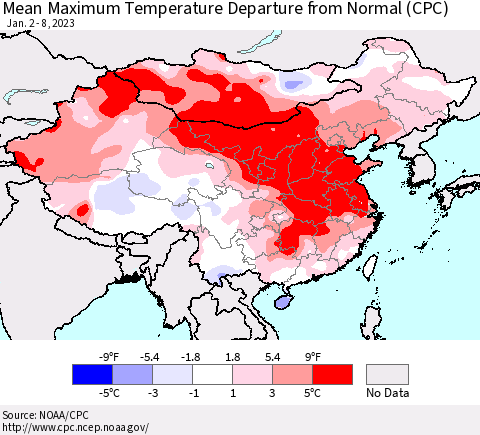 China, Mongolia and Taiwan Mean Maximum Temperature Departure from Normal (CPC) Thematic Map For 1/2/2023 - 1/8/2023