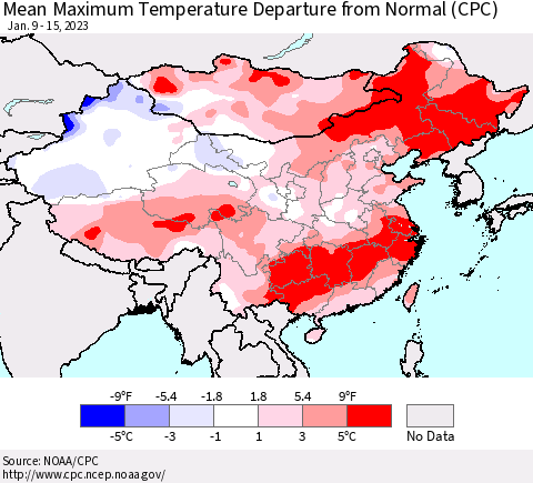 China, Mongolia and Taiwan Mean Maximum Temperature Departure from Normal (CPC) Thematic Map For 1/9/2023 - 1/15/2023
