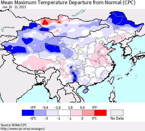 China, Mongolia and Taiwan Mean Maximum Temperature Departure from Normal (CPC) Thematic Map For 1/16/2023 - 1/22/2023