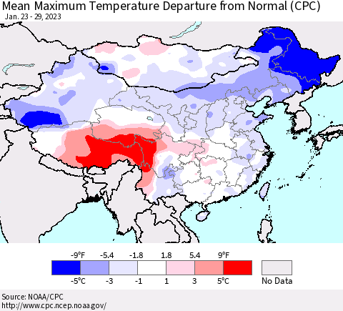 China, Mongolia and Taiwan Mean Maximum Temperature Departure from Normal (CPC) Thematic Map For 1/23/2023 - 1/29/2023
