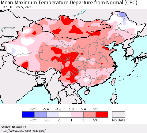 China, Mongolia and Taiwan Mean Maximum Temperature Departure from Normal (CPC) Thematic Map For 1/30/2023 - 2/5/2023