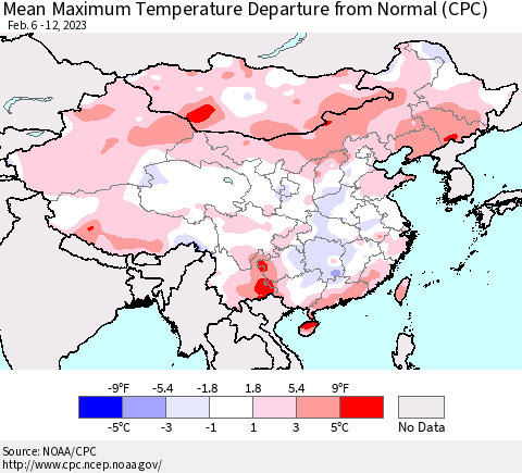 China, Mongolia and Taiwan Mean Maximum Temperature Departure from Normal (CPC) Thematic Map For 2/6/2023 - 2/12/2023