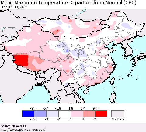 China, Mongolia and Taiwan Mean Maximum Temperature Departure from Normal (CPC) Thematic Map For 2/13/2023 - 2/19/2023