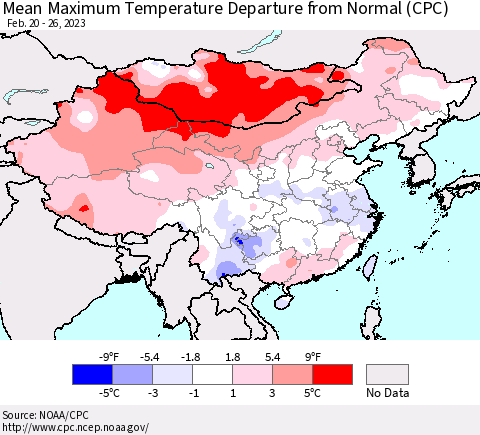 China, Mongolia and Taiwan Mean Maximum Temperature Departure from Normal (CPC) Thematic Map For 2/20/2023 - 2/26/2023