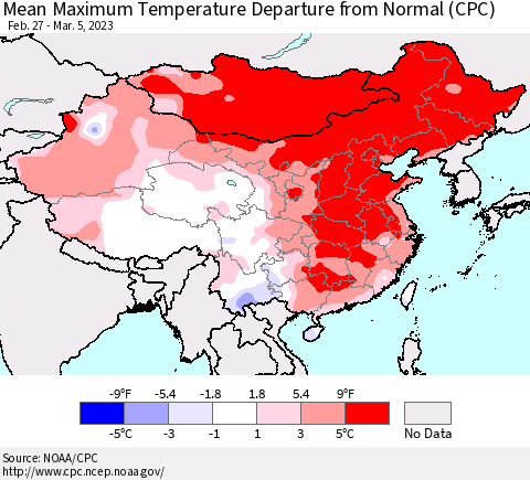 China, Mongolia and Taiwan Mean Maximum Temperature Departure from Normal (CPC) Thematic Map For 2/27/2023 - 3/5/2023