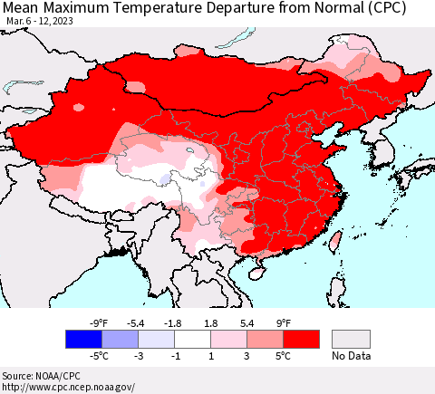 China, Mongolia and Taiwan Mean Maximum Temperature Departure from Normal (CPC) Thematic Map For 3/6/2023 - 3/12/2023