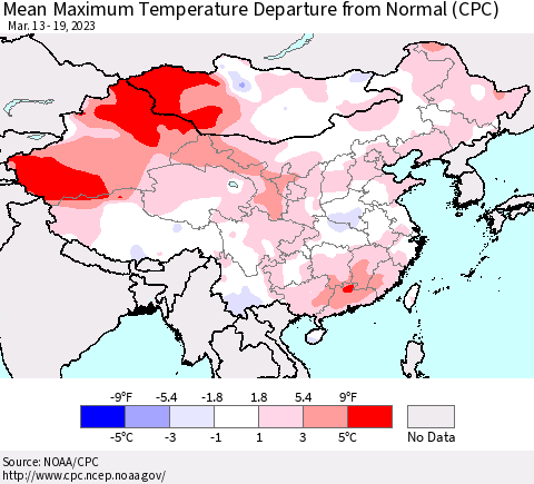 China, Mongolia and Taiwan Mean Maximum Temperature Departure from Normal (CPC) Thematic Map For 3/13/2023 - 3/19/2023