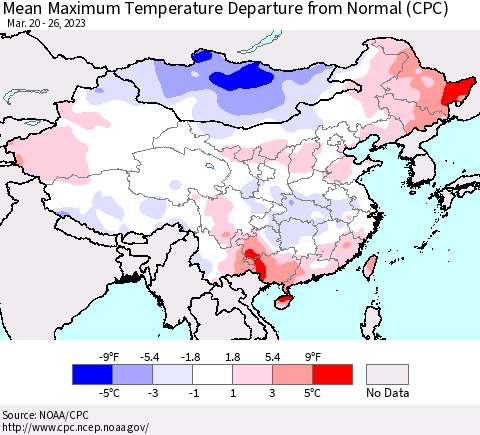 China, Mongolia and Taiwan Mean Maximum Temperature Departure from Normal (CPC) Thematic Map For 3/20/2023 - 3/26/2023