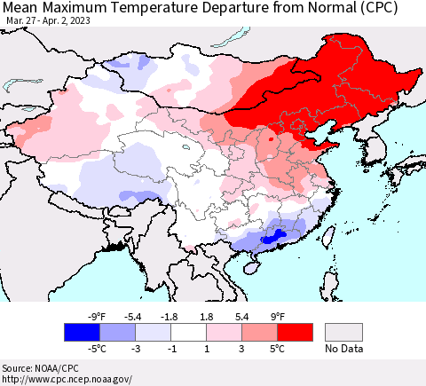 China, Mongolia and Taiwan Mean Maximum Temperature Departure from Normal (CPC) Thematic Map For 3/27/2023 - 4/2/2023