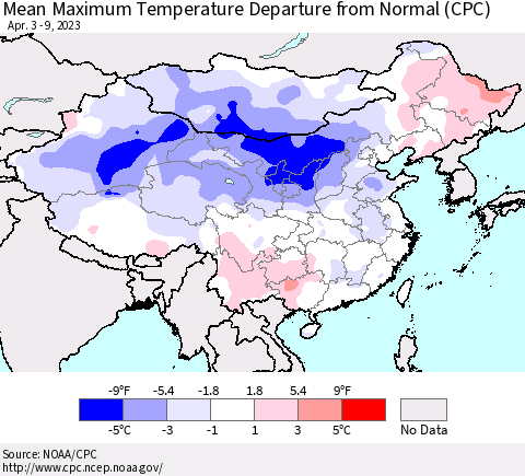 China, Mongolia and Taiwan Mean Maximum Temperature Departure from Normal (CPC) Thematic Map For 4/3/2023 - 4/9/2023