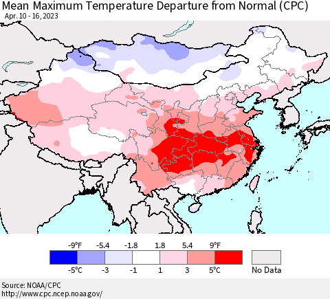 China, Mongolia and Taiwan Mean Maximum Temperature Departure from Normal (CPC) Thematic Map For 4/10/2023 - 4/16/2023