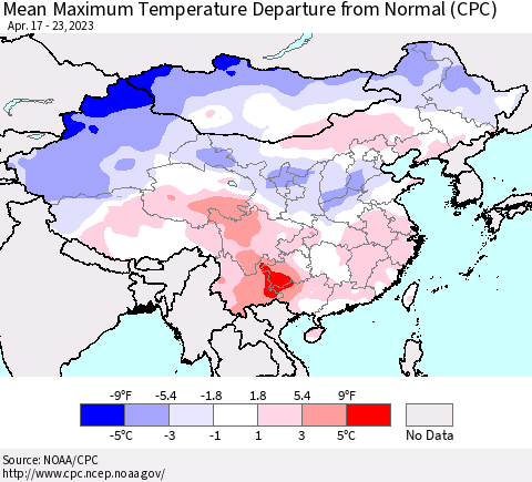 China, Mongolia and Taiwan Mean Maximum Temperature Departure from Normal (CPC) Thematic Map For 4/17/2023 - 4/23/2023