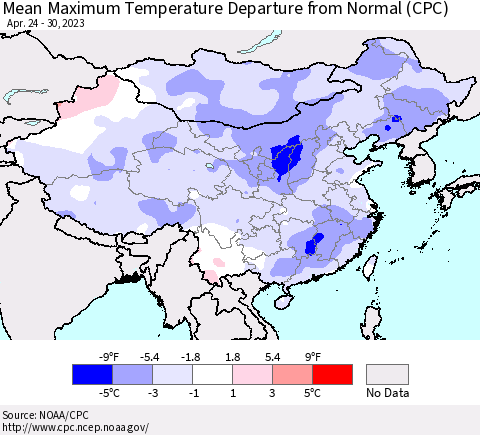 China, Mongolia and Taiwan Mean Maximum Temperature Departure from Normal (CPC) Thematic Map For 4/24/2023 - 4/30/2023