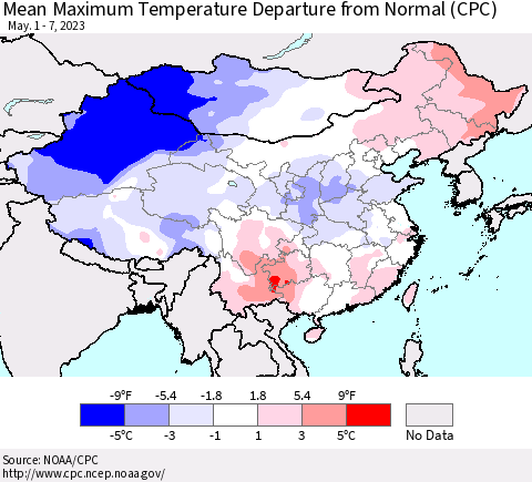 China, Mongolia and Taiwan Mean Maximum Temperature Departure from Normal (CPC) Thematic Map For 5/1/2023 - 5/7/2023