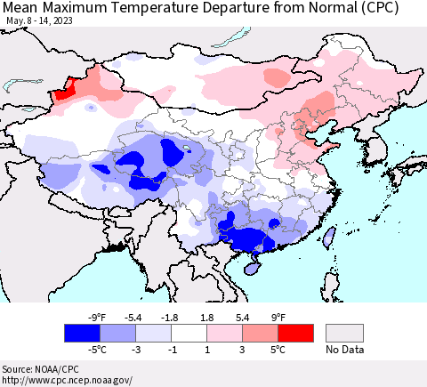 China, Mongolia and Taiwan Mean Maximum Temperature Departure from Normal (CPC) Thematic Map For 5/8/2023 - 5/14/2023