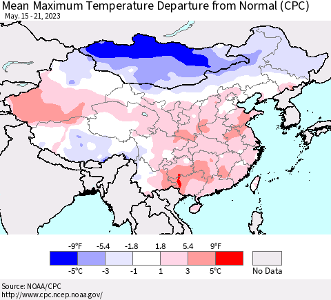 China, Mongolia and Taiwan Mean Maximum Temperature Departure from Normal (CPC) Thematic Map For 5/15/2023 - 5/21/2023