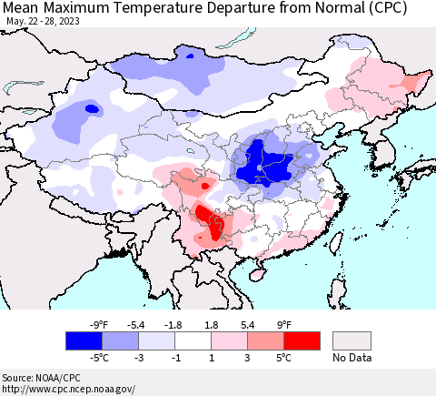 China, Mongolia and Taiwan Mean Maximum Temperature Departure from Normal (CPC) Thematic Map For 5/22/2023 - 5/28/2023