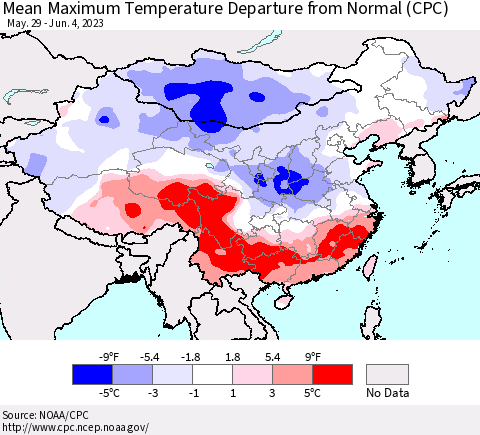 China, Mongolia and Taiwan Mean Maximum Temperature Departure from Normal (CPC) Thematic Map For 5/29/2023 - 6/4/2023