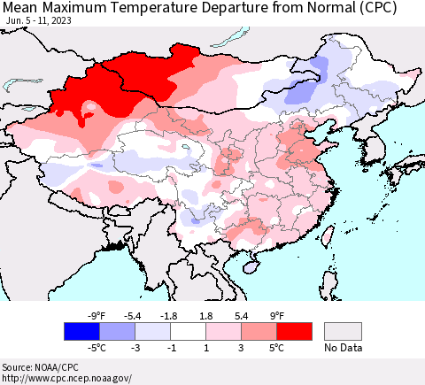 China, Mongolia and Taiwan Mean Maximum Temperature Departure from Normal (CPC) Thematic Map For 6/5/2023 - 6/11/2023