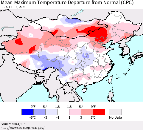 China, Mongolia and Taiwan Mean Maximum Temperature Departure from Normal (CPC) Thematic Map For 6/12/2023 - 6/18/2023