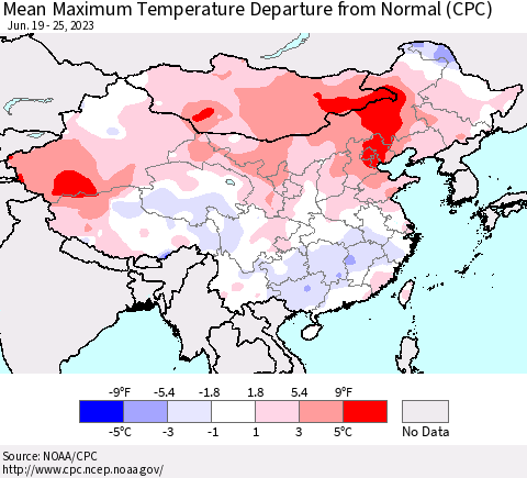 China, Mongolia and Taiwan Mean Maximum Temperature Departure from Normal (CPC) Thematic Map For 6/19/2023 - 6/25/2023