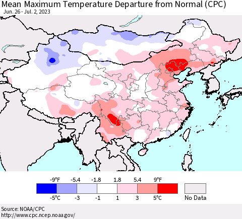 China, Mongolia and Taiwan Mean Maximum Temperature Departure from Normal (CPC) Thematic Map For 6/26/2023 - 7/2/2023