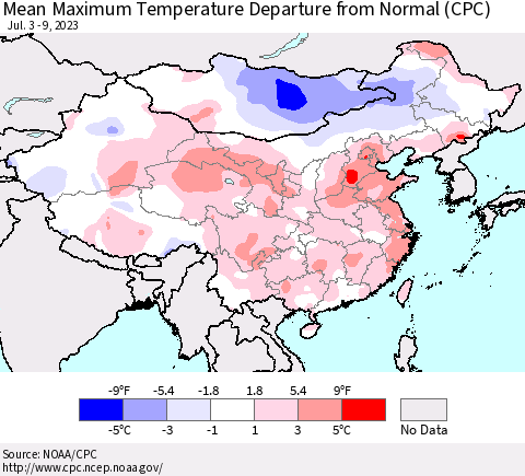 China, Mongolia and Taiwan Mean Maximum Temperature Departure from Normal (CPC) Thematic Map For 7/3/2023 - 7/9/2023