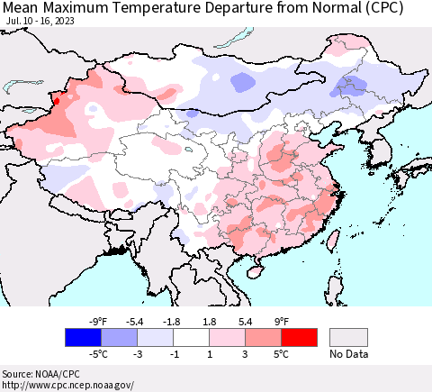 China, Mongolia and Taiwan Mean Maximum Temperature Departure from Normal (CPC) Thematic Map For 7/10/2023 - 7/16/2023