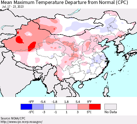 China, Mongolia and Taiwan Mean Maximum Temperature Departure from Normal (CPC) Thematic Map For 7/17/2023 - 7/23/2023