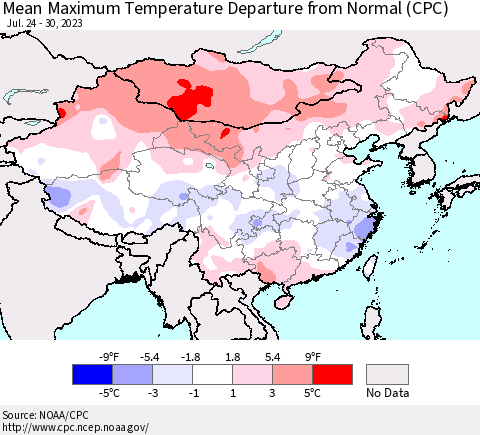 China, Mongolia and Taiwan Mean Maximum Temperature Departure from Normal (CPC) Thematic Map For 7/24/2023 - 7/30/2023