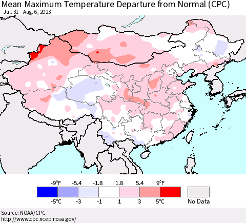 China, Mongolia and Taiwan Mean Maximum Temperature Departure from Normal (CPC) Thematic Map For 7/31/2023 - 8/6/2023