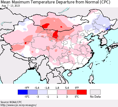 China, Mongolia and Taiwan Mean Maximum Temperature Departure from Normal (CPC) Thematic Map For 8/7/2023 - 8/13/2023