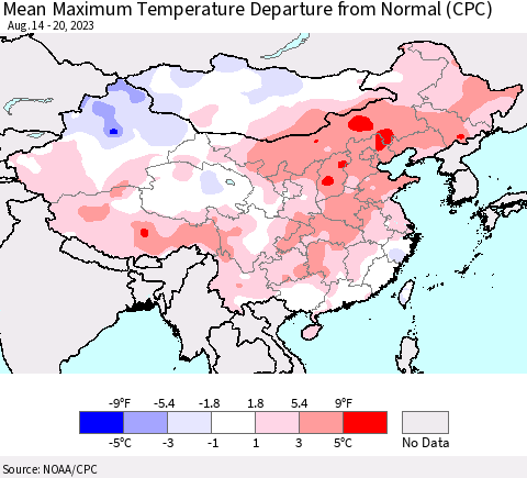 China, Mongolia and Taiwan Mean Maximum Temperature Departure from Normal (CPC) Thematic Map For 8/14/2023 - 8/20/2023