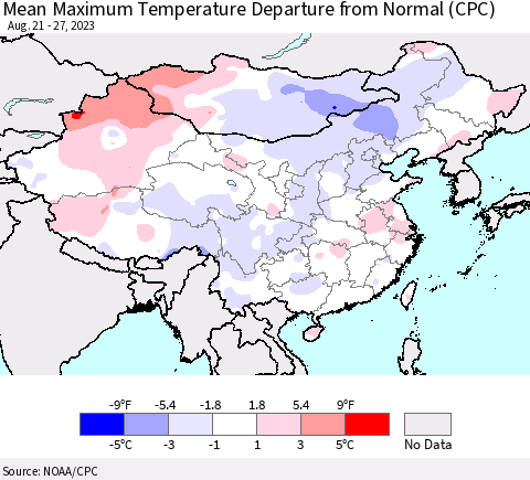 China, Mongolia and Taiwan Mean Maximum Temperature Departure from Normal (CPC) Thematic Map For 8/21/2023 - 8/27/2023