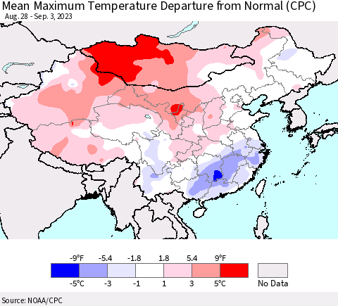 China, Mongolia and Taiwan Mean Maximum Temperature Departure from Normal (CPC) Thematic Map For 8/28/2023 - 9/3/2023