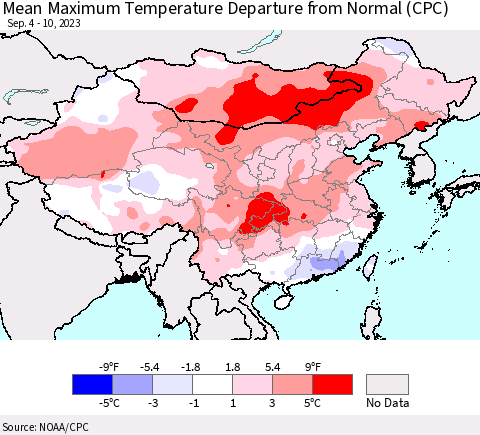 China, Mongolia and Taiwan Mean Maximum Temperature Departure from Normal (CPC) Thematic Map For 9/4/2023 - 9/10/2023