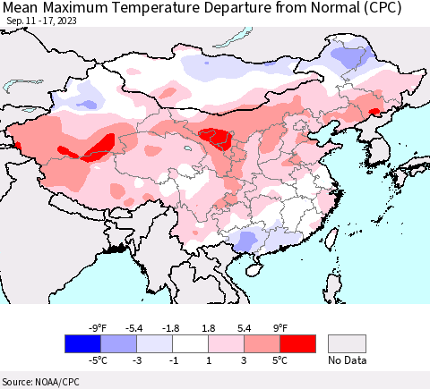 China, Mongolia and Taiwan Mean Maximum Temperature Departure from Normal (CPC) Thematic Map For 9/11/2023 - 9/17/2023