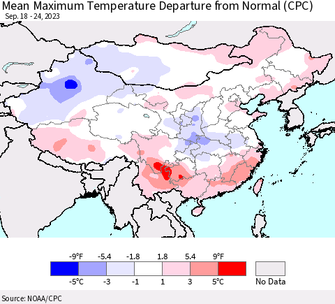 China, Mongolia and Taiwan Mean Maximum Temperature Departure from Normal (CPC) Thematic Map For 9/18/2023 - 9/24/2023